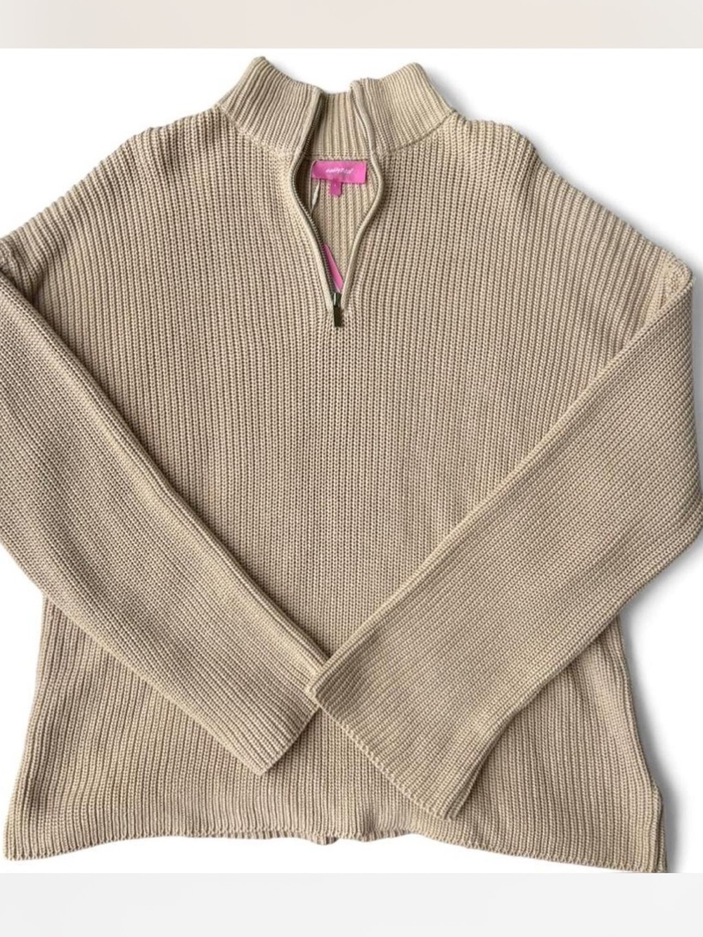 Edikted Quarter Zip Sweater 100% Cotton - Ribbed Pullover - Beige - Large (NWT)
